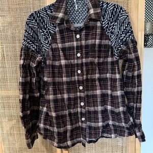 Free People Brown Plaid and sweater mixed Button-Down Shirt